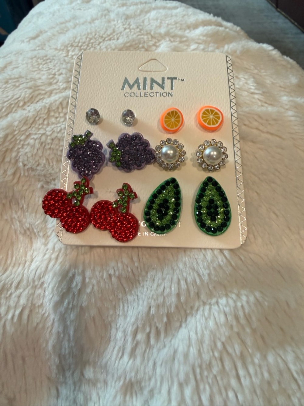 Kids or Women Multi-Pack Fruit & Pearl Earrings - Red Purple Green Orange White